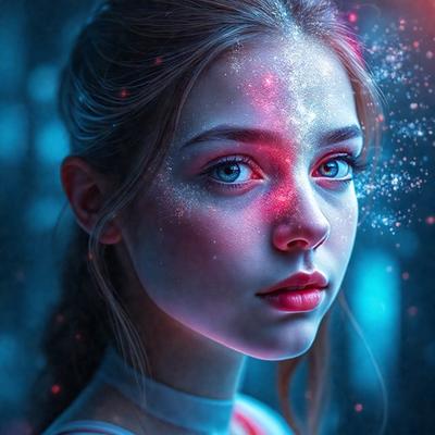 The primary subject of the image is a woman with a beautiful face. She is wearing a white shirt and has a pink lipstick on her lips. The setting is a dark room with a blue background, creating a moody atmosphere. The visual style is a digital art, with the woman's face being the main focus of the image. The colors and mood are predominantly dark and dramatic, with the woman's face being the only bright spot in the scene.